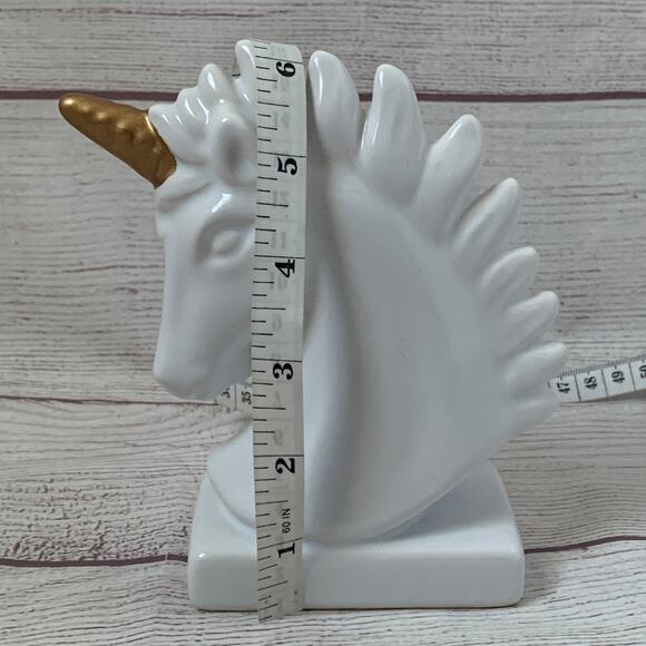 White Ceramic Unicorn Statue Figurine Bust with Gold Horn Glazed Finish 6" - Picture 8 of 14